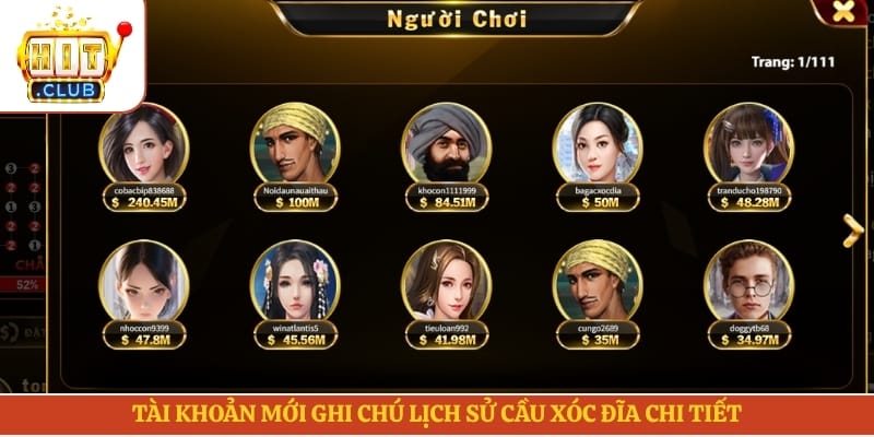 Tài khoản mới ghi chú lịch sử cầu xóc đĩa chi tiết
